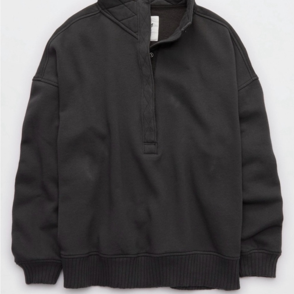 aerie Black Quarter-Placket Pullover Hoodie